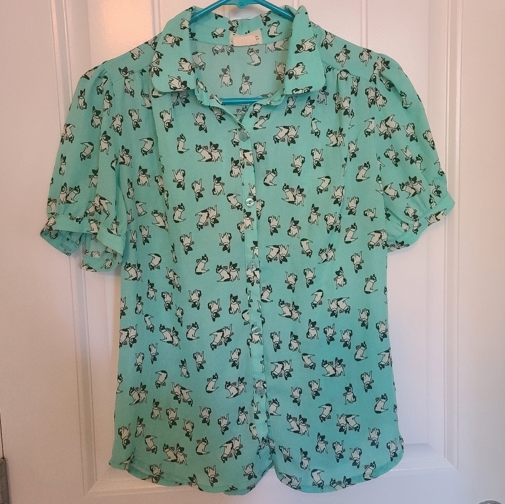 French Bulldog Print Blouse | Button-Up | Mint Blue | Size M